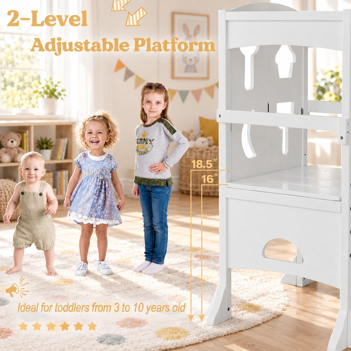 Airfind Folding Wooden Step Stool with Lockable Safety Rail for Toddler 3+, 88 lbs Capacity, Pine Wood Frame, for 3-10 Years Old, White