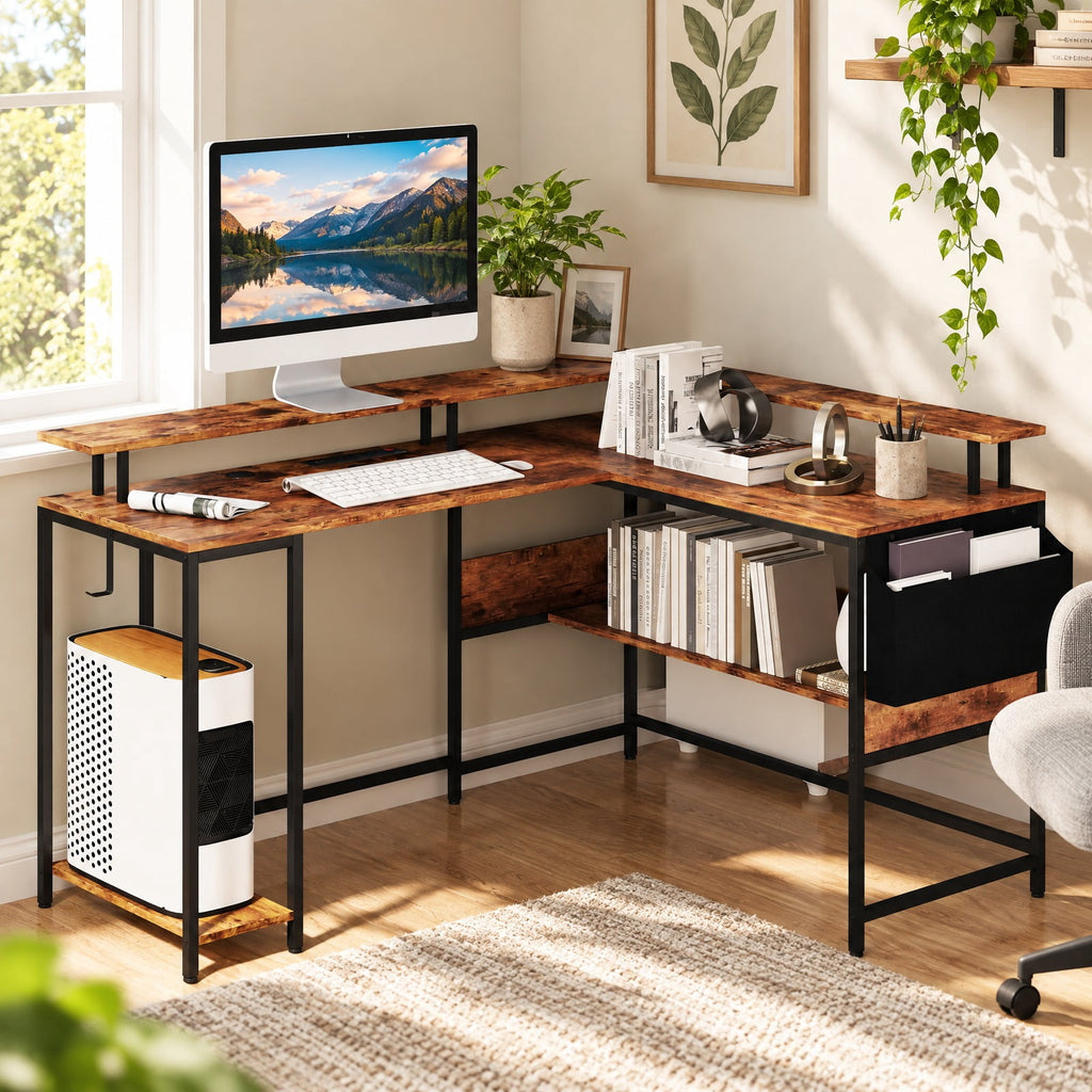 Airfind L-Shaped Gaming Desk with LED Lights and Power Outlets Home Office Computer Desk, 200 lbs Capacity, Engineered Wood Metal Frame, Brown