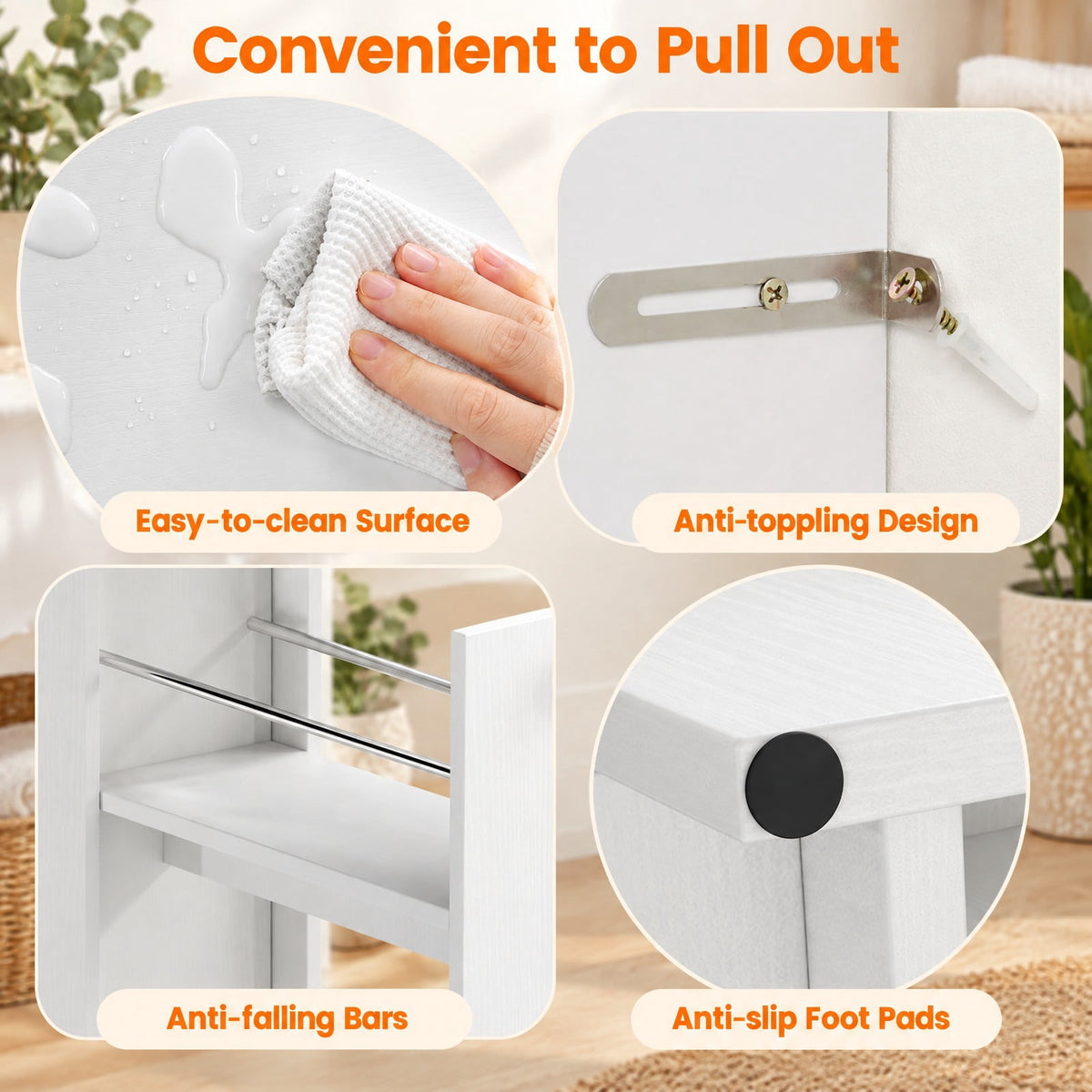 Airfind Small Bathroom Storage Cabinet 4-Tier with Slide Out Drawers on Casters, 66 lbs Capacity, MDF Frame, 16 Inch x 7 Inch x 27.5 Inch Drawer Footprint