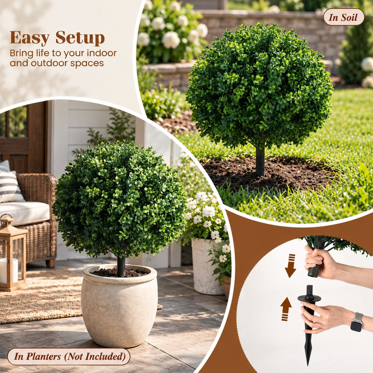 Airfind 27 Inch Artificial Boxwood Topiary Trees Set of 2 with Ground Spikes for Porch Patio, 14 Inch x 27 Inch Length of Ground Spike 8 Inch Total Footprint
