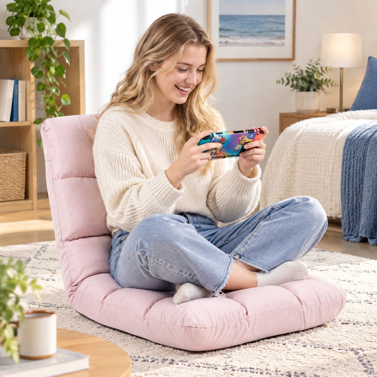 Airfind 14-Position Adjustable Folding Lazy Gaming Sofa, 264 lbs Capacity, Cotton and linen fabric steel Frame, Light Pink
