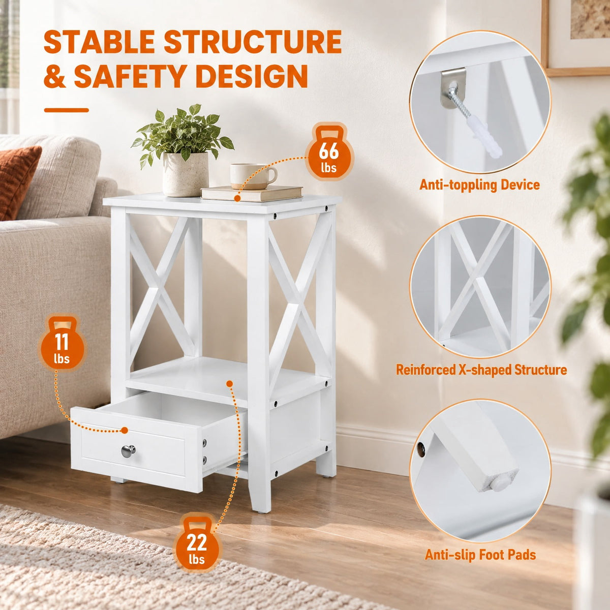 Airfind 2-Tier 16 x 14 Inch Multifunctional Nightstand with Storage Drawer, 66 lbs Capacity, MDF Frame, 16in x 12in x 24in (L x W x H) Drawer Footprint