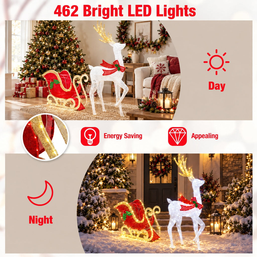 Airfind LED Lighted Christmas Reindeer and Santas Sleigh, Mesh Fabric PVC Metal Frame, 31in x 12in x 5.4 ft Footprint, White Red Green