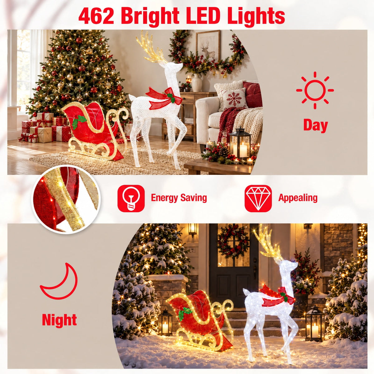 Airfind LED Lighted Christmas Reindeer and Santas Sleigh, Mesh Fabric PVC Metal Frame, 31in x 12in x 5.4 ft Footprint, White Red Green