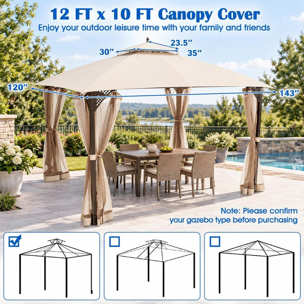 Airfind 10 x 12 Feet Gazebo Replacement Top with Air Vent and Drainage Holes, Polyester Frame, 12 ft x 10 ft Footprint, Beige