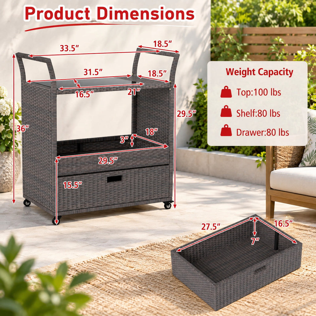 AIRFIND Outdoor Bar Cart with Wicker Exterior, Tempered Glass Top, Storage Drawer and Shelf, Four Casters with Two Brakes, 33.5 in Wide