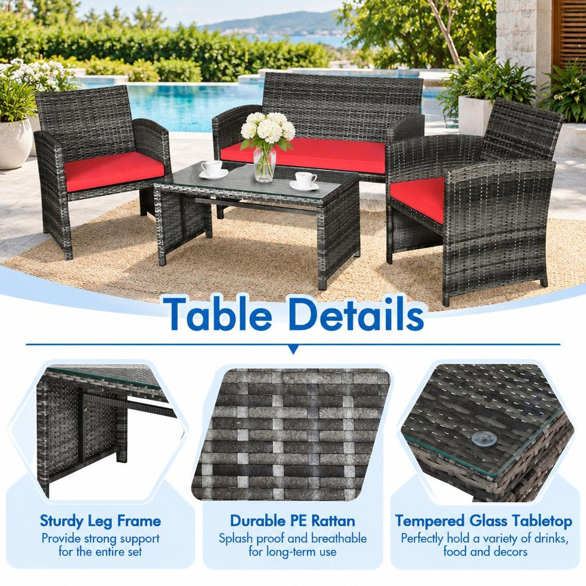 Airfind 4 Pieces Patio Rattan Furniture Set with Cushions, PE Rattan Polyester Fiber Steel Sponge Single Sofa Frame, Red