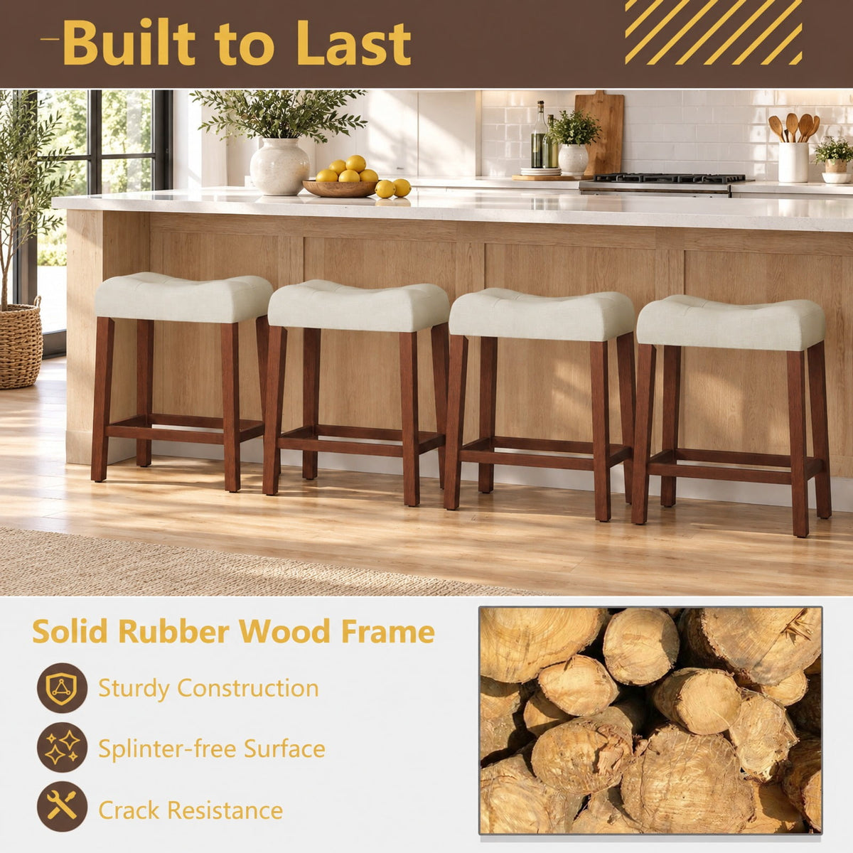 Airfind Set of 2 Upholstered Counter Height Bar Stool with Curved Saddle-Seat, 330 lbs Capacity, Rubber Wood MDF Fabric Sponge Frame, Brown