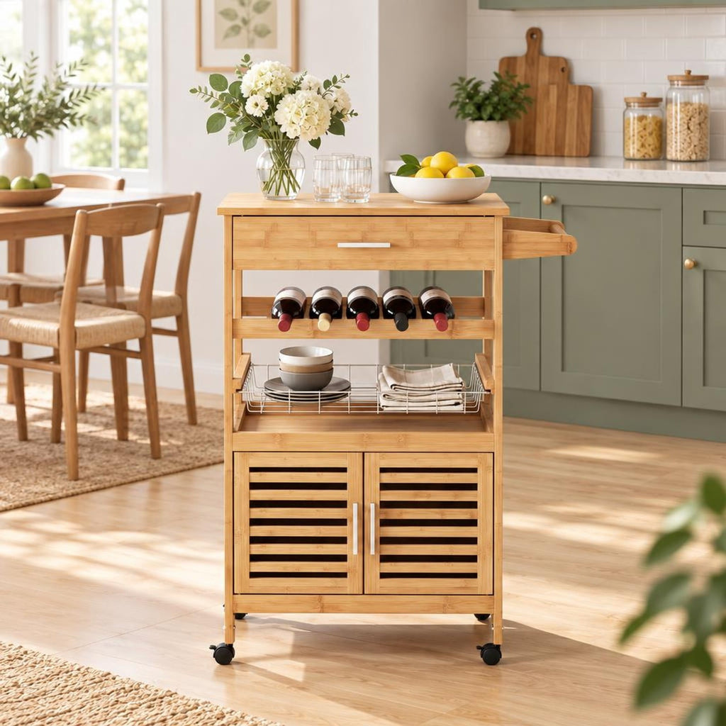Airfind Bamboo Rolling Kitchen Island Trolley with Storage Cabinet and Wine Rack, 66 lbs Capacity, Bamboo Engineered Wood Metal Frame, Natural