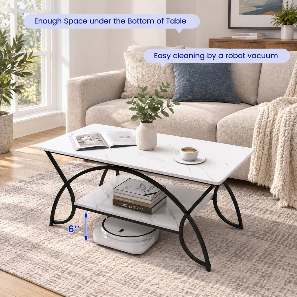 Airfind 2-Tier Faux Marble Coffee Table with Marble Top and Metal Frame, 110 lbs Capacity, Engineered wood steel Frame, Black White