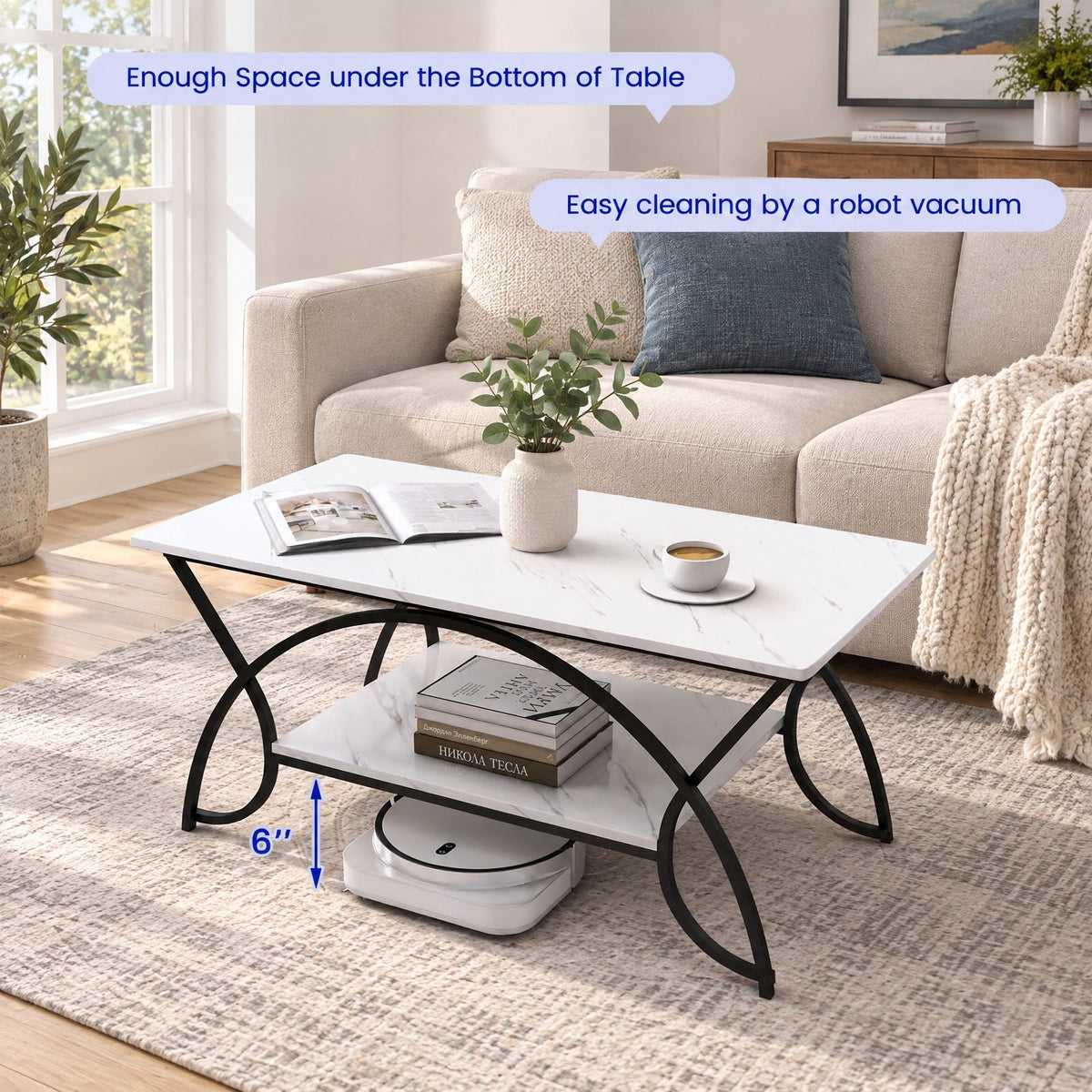 Airfind 2-Tier Faux Marble Coffee Table with Marble Top and Metal Frame, 110 lbs Capacity, Engineered wood steel Frame, Black White