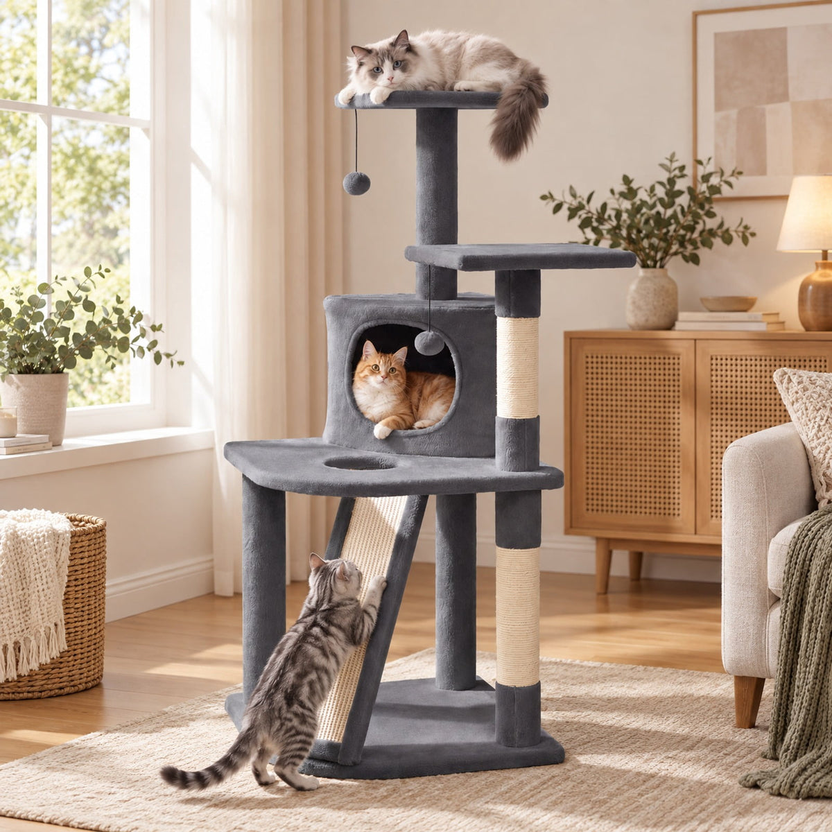 Airfind 44 Inch Tall Kitten Tower with Condo and 2 Plush Perches, 22 lbs Capacity, Engineered Wood Sponge Plush Fabric Sisal Frame, Beige