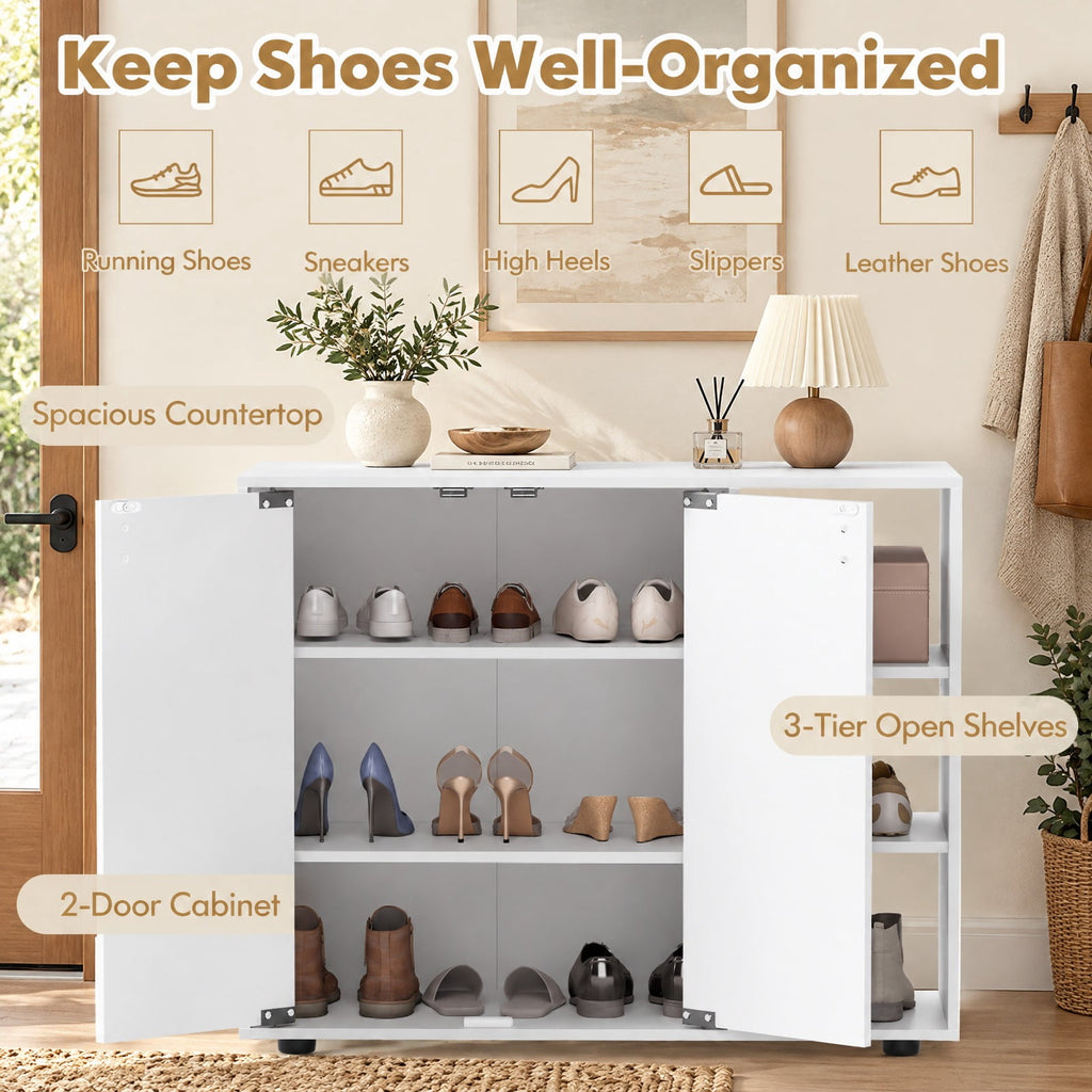 Airfind 3-Tier Shoe Cabinet with Doors with Adjustable Open Shelves for Entryway, 90 lbs Capacity, MDF Engineered Wood Frame, White