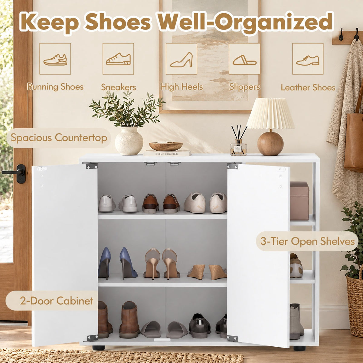 Airfind 3-Tier Shoe Cabinet with Doors with Adjustable Open Shelves for Entryway, 90 lbs Capacity, MDF Engineered Wood Frame, White