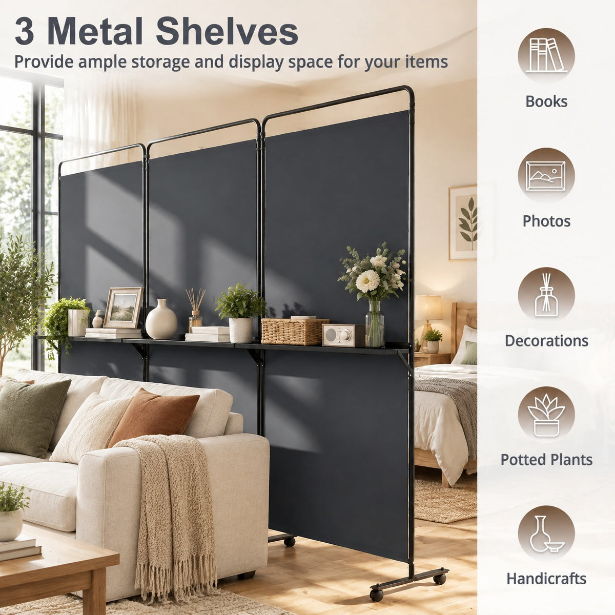 Airfind 3-Panel Room Divider with Shelves 6 FT Tall Folding Privacy Screen with Lockable Wheels, Polyester Fabric Metal Frame, Grey