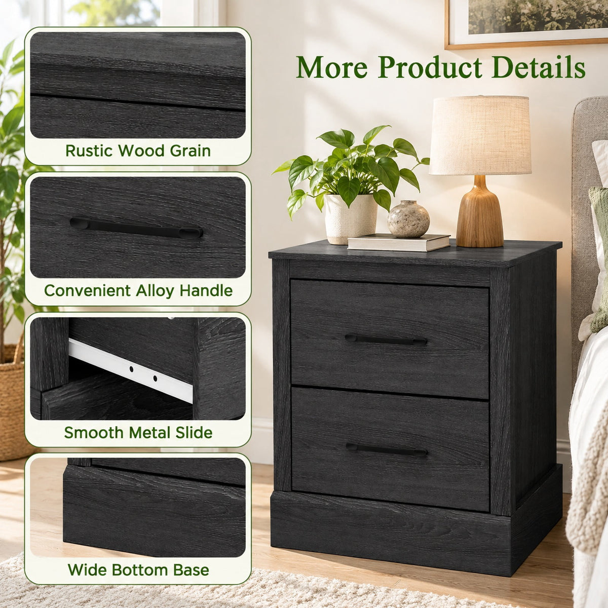 Airfind Wood Compact Floor Nightstand with Storage Drawers, 66 lbs Capacity, Engineered Wood Zinc Alloy Frame, 18.5 x 16 x 21.5 Footprint