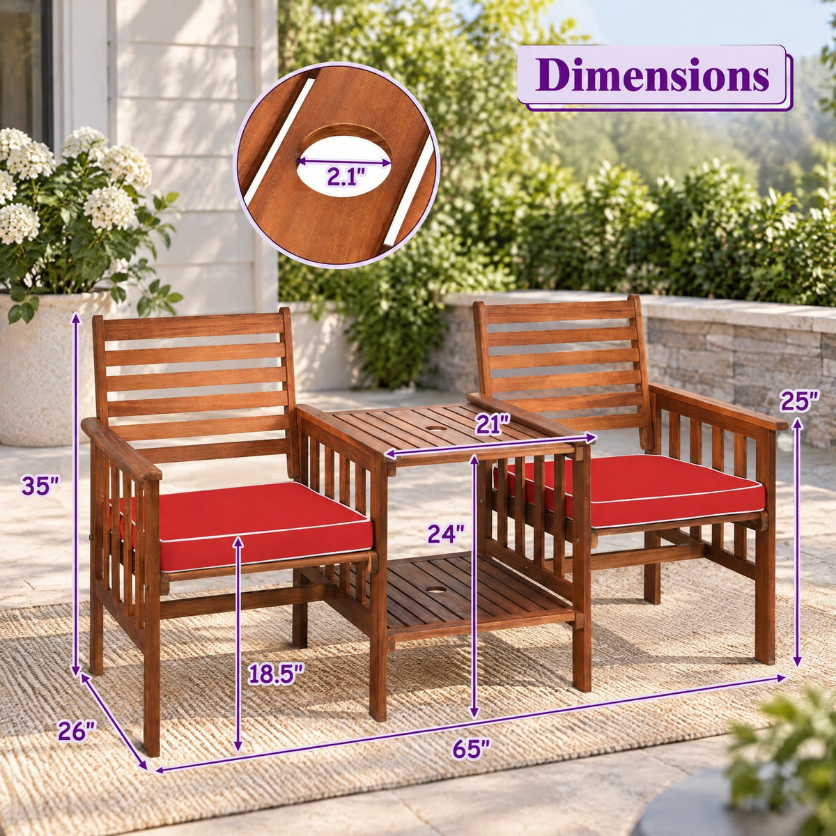 Airfind 3 pcs Outdoor Patio Table Chairs Set Acacia Wood Loveseat, 70 lbs Capacity, Acacia wood polyester sponge Frame, 65 x 26 x 35 Footprint