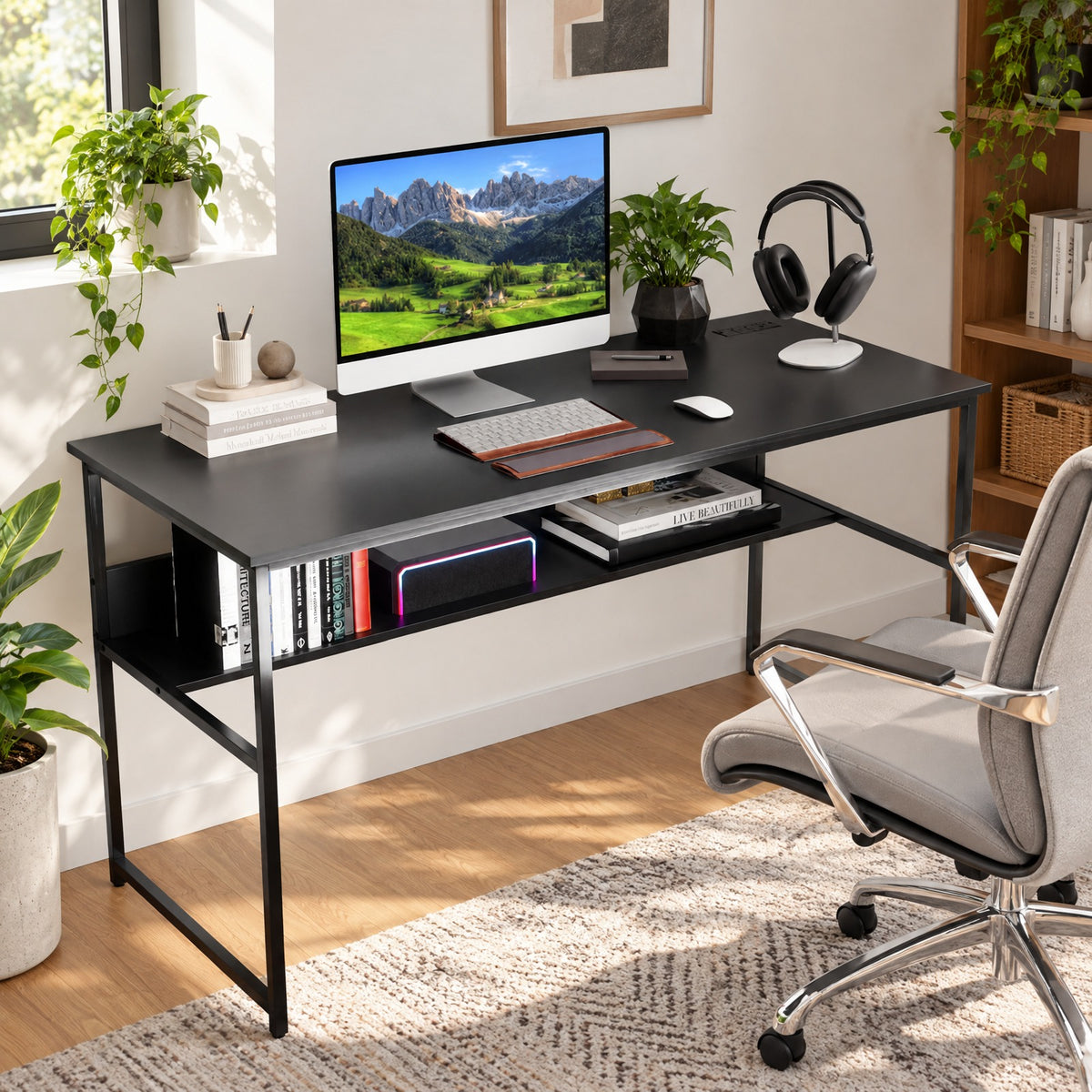 Airfind 55 x 24 inch Computer Desk with Power Outlets and USB Ports, 220 lbs Capacity, Engineered Wood Metal Frame, Black