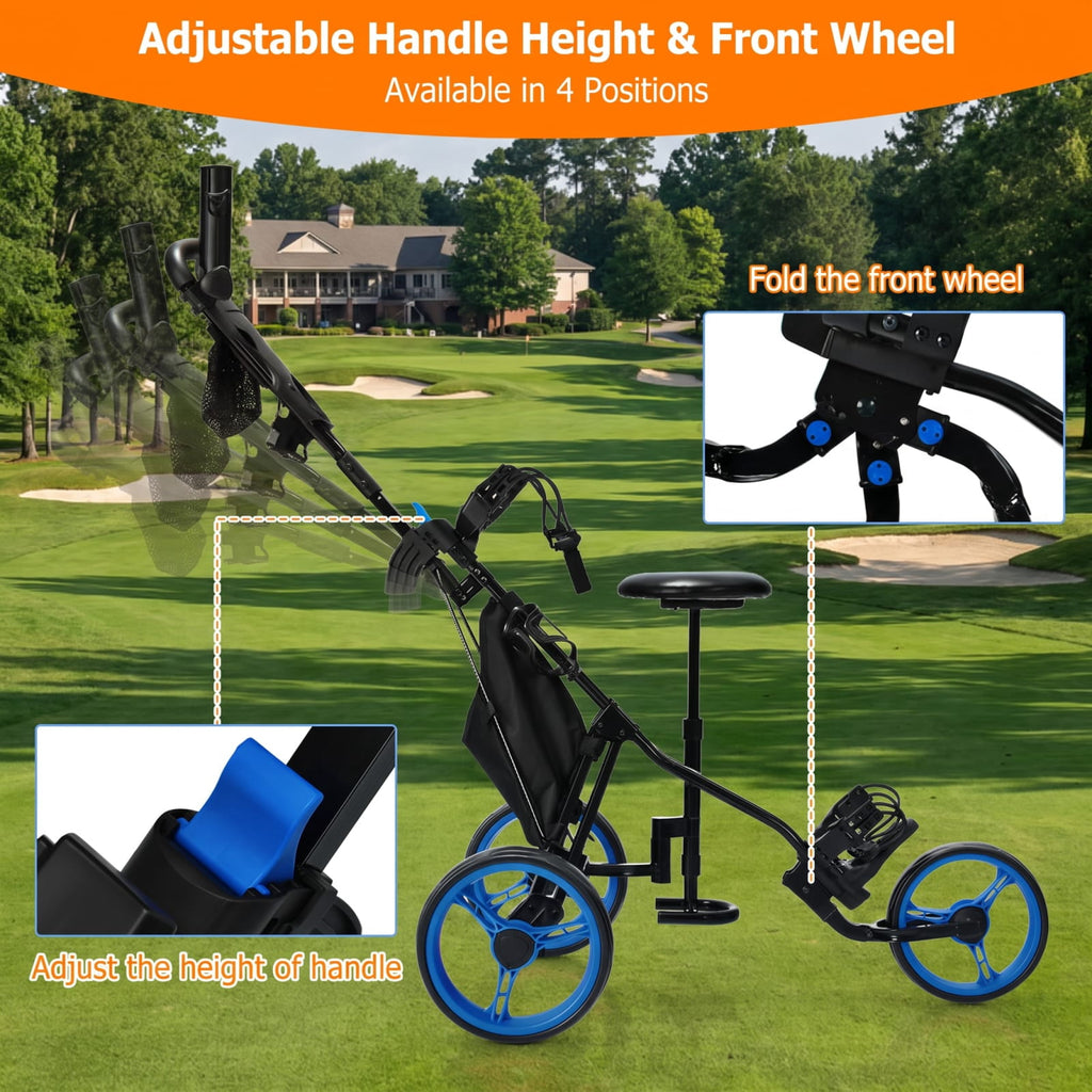 Airfind 3 Wheel Folding Golf Push Cart with Cushioned Seat and Scoreboard and Adjustable Handle and Quick Brake for the Course, Blue