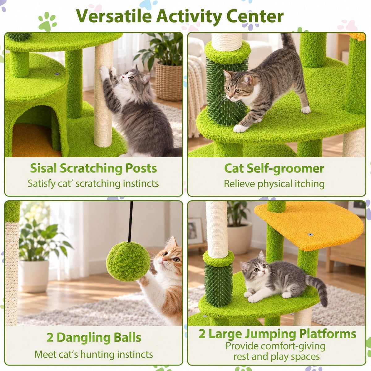 Airfind Cute Cat Tree for Adult Cats Multi-level Kitty Tower, Engineered Wood EVA Sisal Teddy Fleece Product Height 48 Base Frame, Green