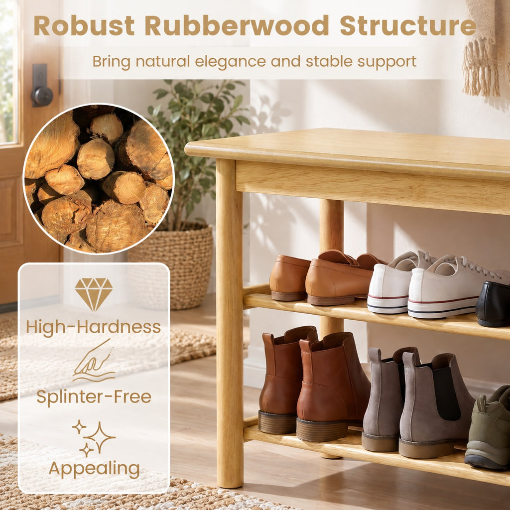 Airfind Shoe Rack Bench 3-Tier Rubberwood Shoe Changing Bench, 485 lbs Capacity, Rubberwood MDF Frame, 24 Inch x 12 Inch x 17 Inch Footprint, Natural