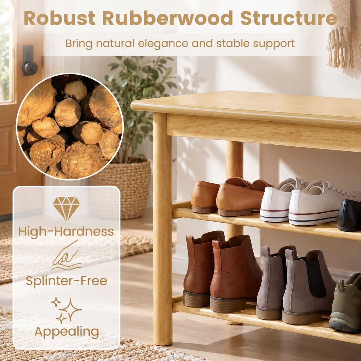 Airfind Shoe Rack Bench 3-Tier Rubberwood Shoe Changing Bench, 485 lbs Capacity, Rubberwood MDF Frame, 24 Inch x 12 Inch x 17 Inch Footprint, Natural
