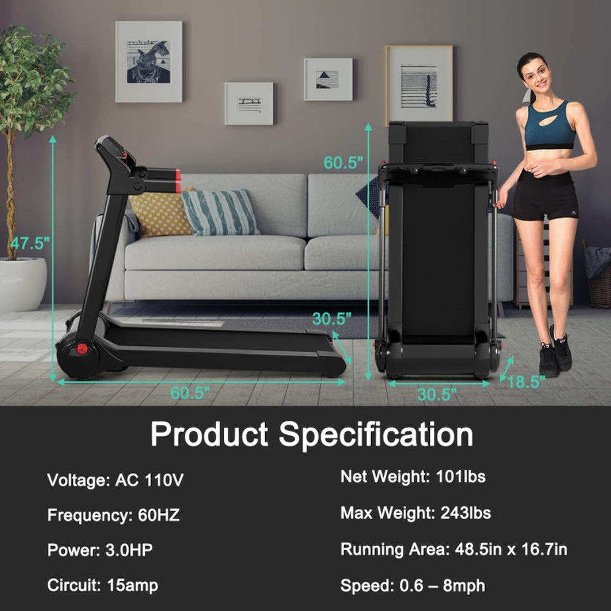 Airfind 3 HP Folding Treadmill with Audio Console Walking Treadmill for Home with Cushioned Deck and Transport Wheels Supports 242 lbs, Red