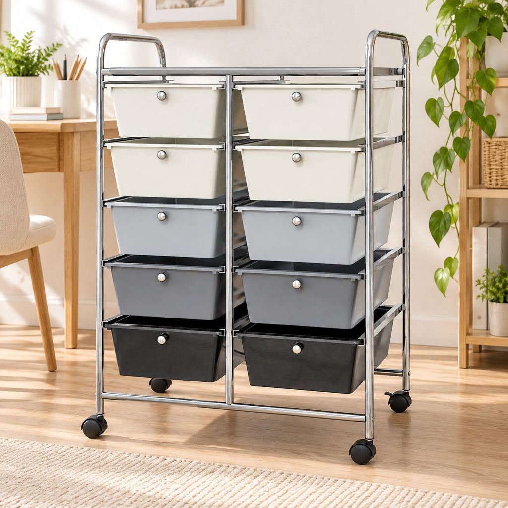 Airfind 10-Drawer Rolling Storage Cart-Beige and Gray, 22 lbs Capacity, Metal PP Frame, 26in x 14.5in x 34in Footprint, Beige