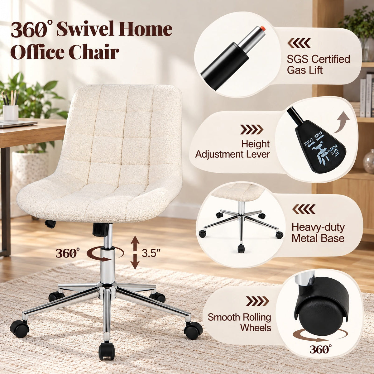 Airfind Teddy Fleece Armless Office Chair Makeup Vanity Chair, 250 lbs Capacity, Metal Teddy Fleece Sponge Nylon Frame, White