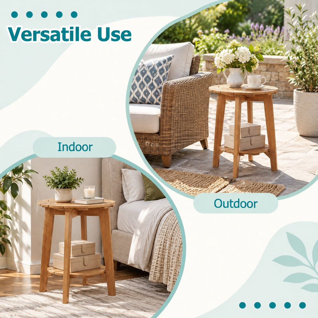 Airfind Set of 2 Eucalyptus Wood Side Table 2-Tier with Slatted Tabletop and Storage Shelf for Outdoor, 165 lbs Capacity, Eucalyptus Wood Frame