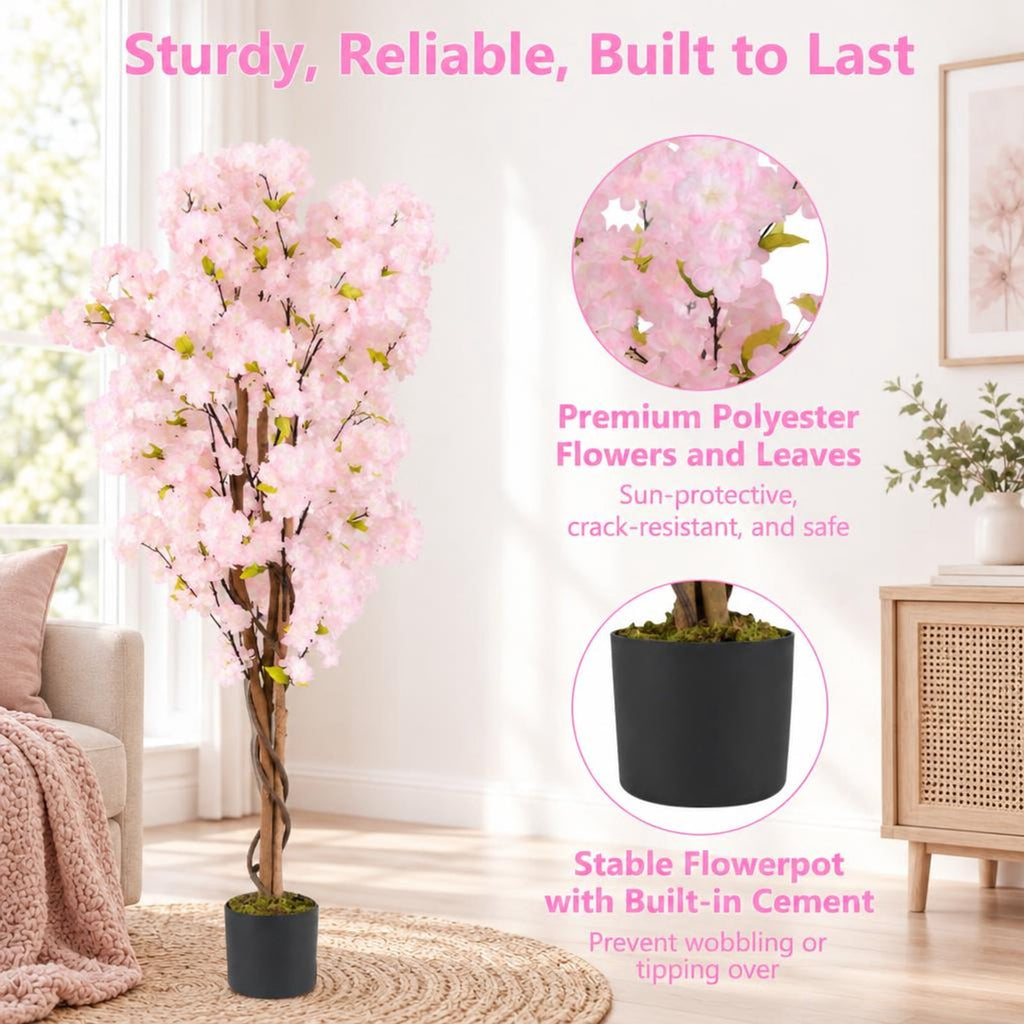 Airfind Artificial Cherry Blossom Tree, 5 FT Tall, with Flowers-1 Pack, Polyester Fabric PP PE Solid Wood Tree Height 59 Inch Pot Frame, Pink