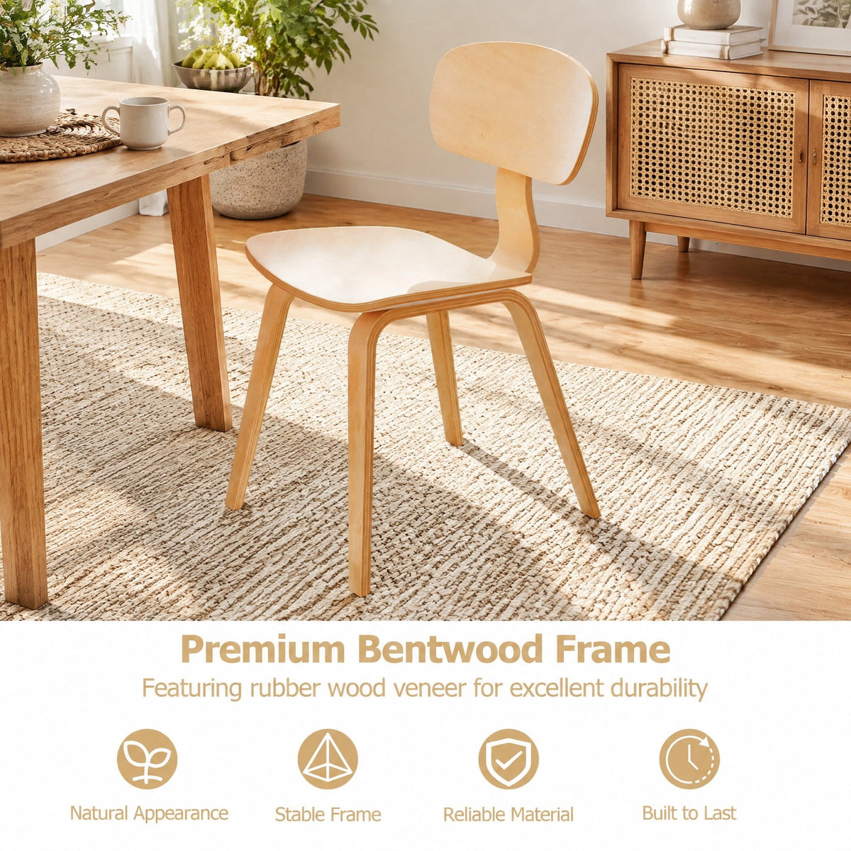 Airfind Modern Dining Chair Set of 2 with Wide Seat, 330 lbs Capacity, Bentwood Rubber Wood Frame, 17in x 20.5in x 31.5in Footprint, Natural