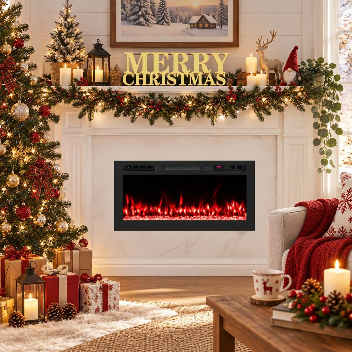 Airfind Smart WiFi Electric Fireplace Wall Mounted and Recessed 750W/1500W Heater-36 Inch, Black, Power Cord 5 ft Net Weight-36in 29.5 lbs