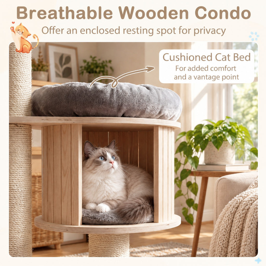 Airfind 4-Layer 68.5-Inch Wooden Cat Tree Condo Activity Tower with Sisal Posts, 33 lbs Capacity, Pine wood birch wood sisal plush Frame, Gray