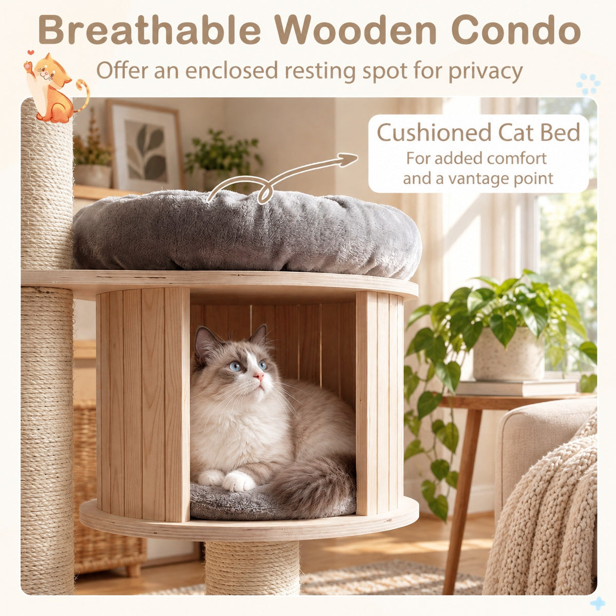 Airfind 4-Layer 68.5-Inch Wooden Cat Tree Condo Activity Tower with Sisal Posts, 33 lbs Capacity, Pine wood birch wood sisal plush Frame, Gray