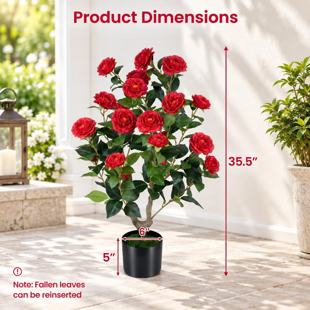 Airfind Artificial Camellia Tree Faux Flower Plant in Cement-Filled Pot=Red, PE PP Cement Overall Height 35.5 Flower Pot Height 5 Flower Pot Frame