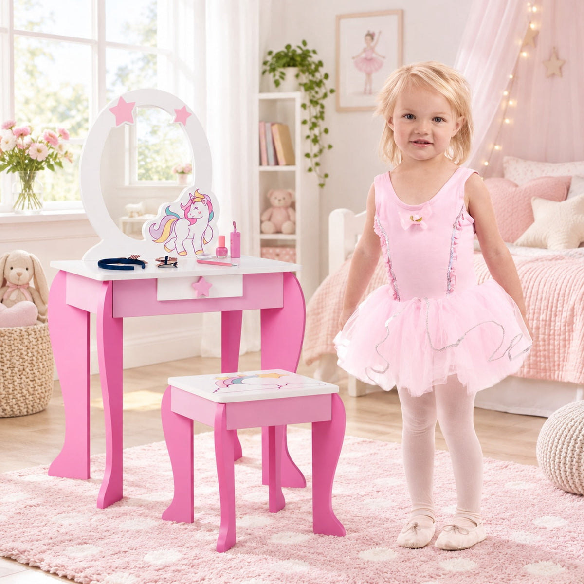 Airfind Kids Wooden Makeup Dressing Table and Chair Set with Mirror and Drawer, MDF Frame, 19 Inch x 14 Inch x 35 Inch Footprint, Pink