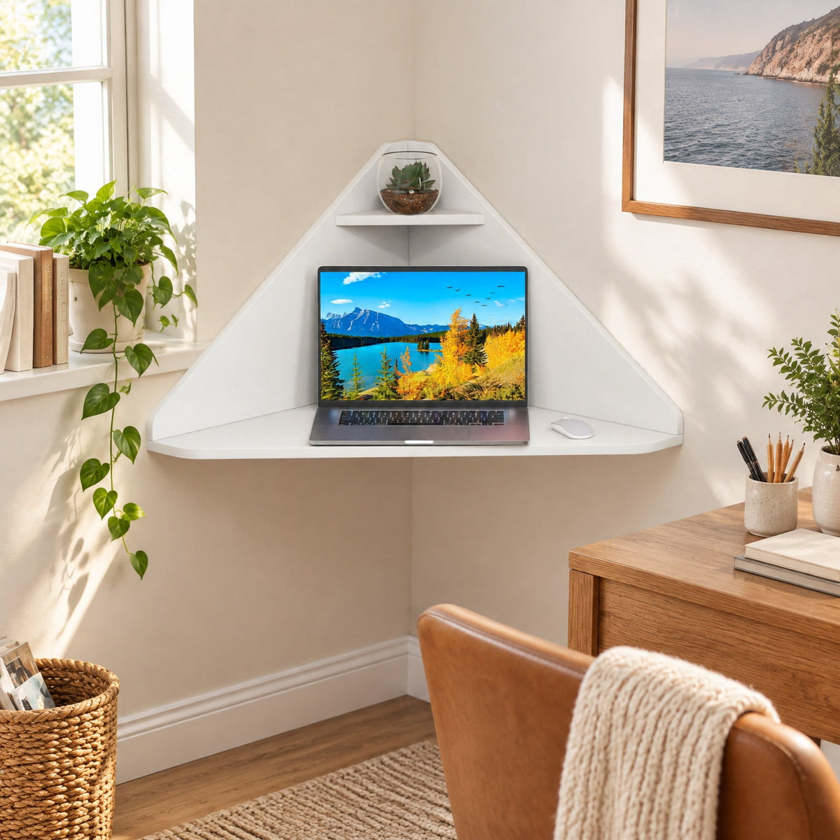 Airfind Floating Triangular Corner Computer Desk with Storage Shelf, Engineered Wood Frame, White, Overall Dimensions 36.5 Inch x 31 Inch x 18 Inch Sid