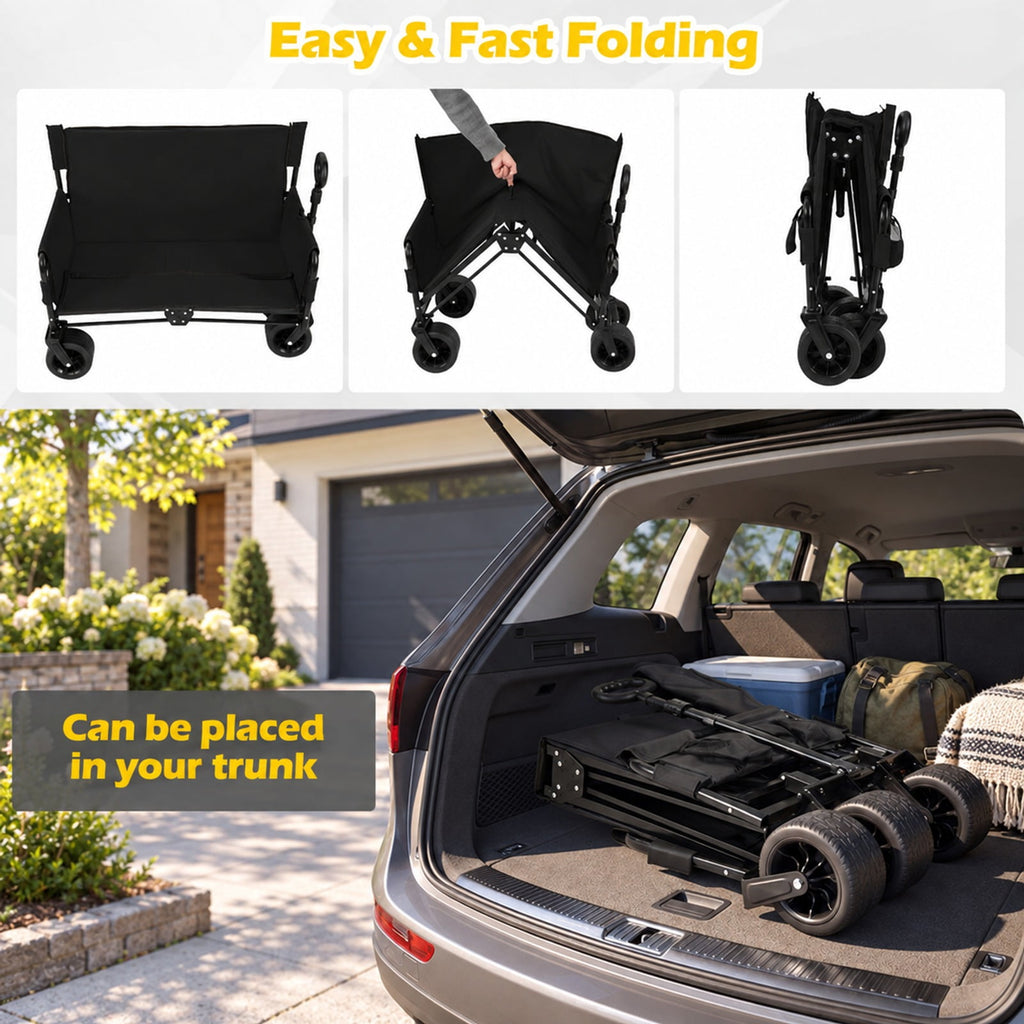 AIRFIND Collapsible Utility Wagon with 2-in-1 Bench Seat Design and 176 Lb Capacity for Beach, Camping and Outdoor Trips, Black