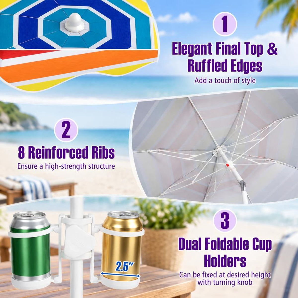 Airfind 6.5 FT Beach Umbrella UPF 50+ with Sand Anchor for Garden Pool, Polyester Fabric Metal Aluminum Alloy PP Frame, Blue Stripe