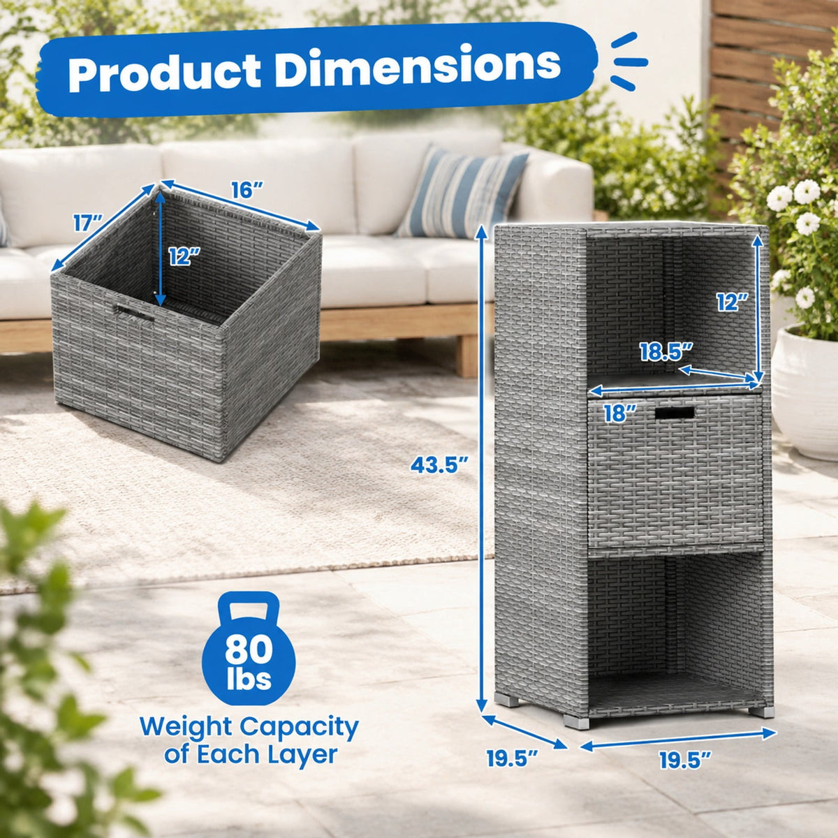 Airfind Outdoor Storage Cabinet Patio Wicker Organizer with Drawer, PE Rattan Metal Frame, 19.5 x 19.8 x 43 Footprint, Gray