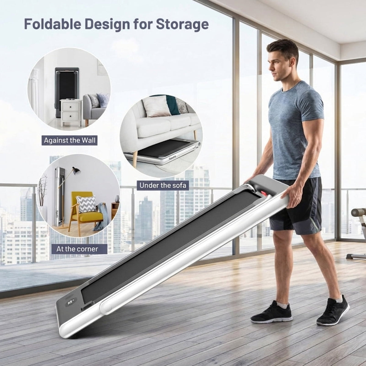 Airfind 2-in-1 Walk-to-Run Folding Treadmill Audio Console, White