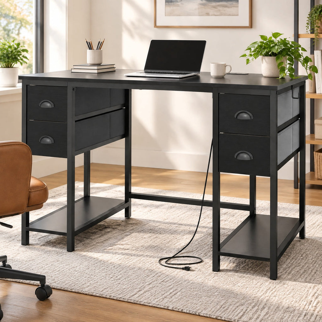 Airfind 48 Inches Computer Desk with Power Outlet Home Office Desk with 4 Fabric Drawers, 110 lbs Capacity, Engineered Wood Metal Fabric Frame