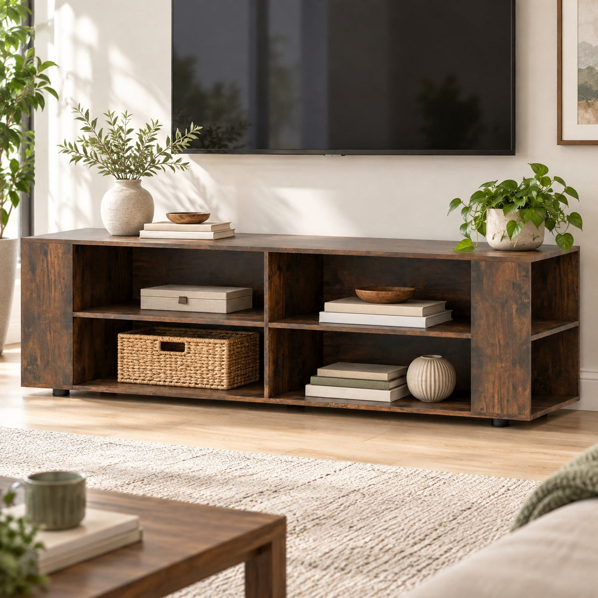 Airfind 59 Inch Console Storage Entertainment Media Wood TV Stand, 110 Lbs Capacity, Engineered Wood MDF Plastic, Walnut