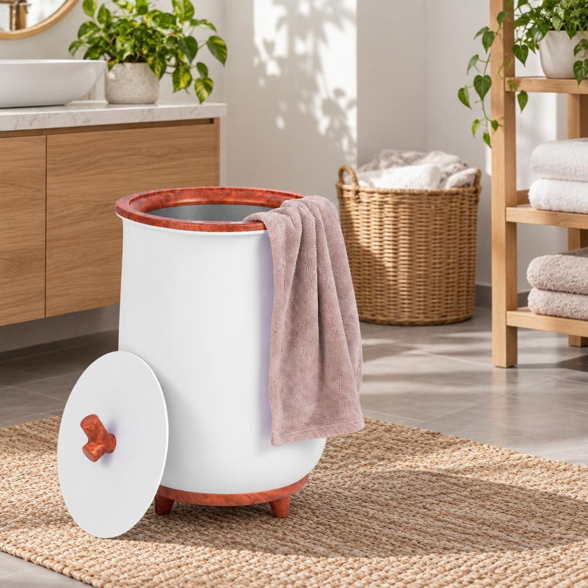 Airfind 23L Large Luxury Bucket-Style Towel Warmer with Fragrant Disc Holder, Plastic Frame, 13.5in x 21in (Dia. x H) Rated Footprint, Coffee