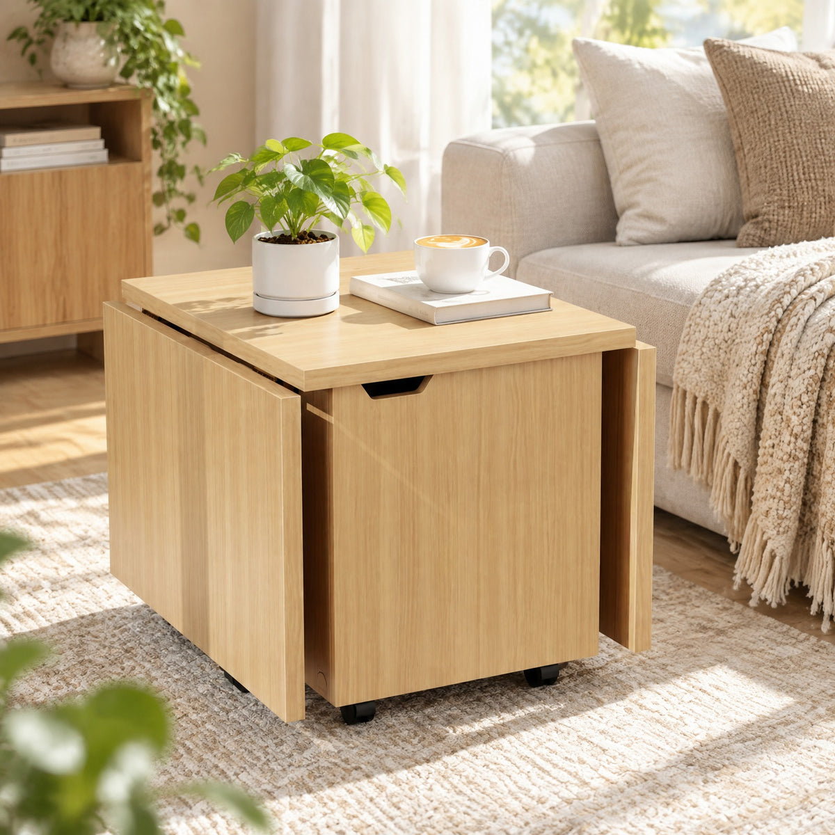 Airfind Foldable Coffee Table with Storage Cabinet Extendable Center Table, 155 lbs Capacity, Engineered Wood Frame, 48in x 24in x 18in Footprint, Oak