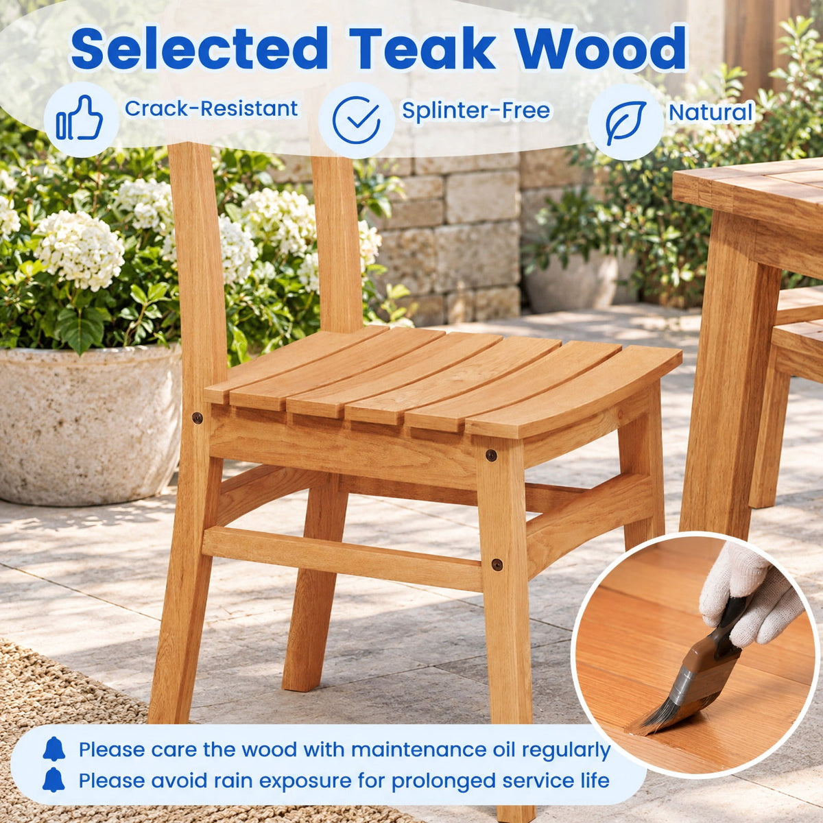 Airfind Patio Teak Wood Chair Armless Dining Chair with Slatted Seat, 220 lbs Capacity, Teak Wood Frame, Wood