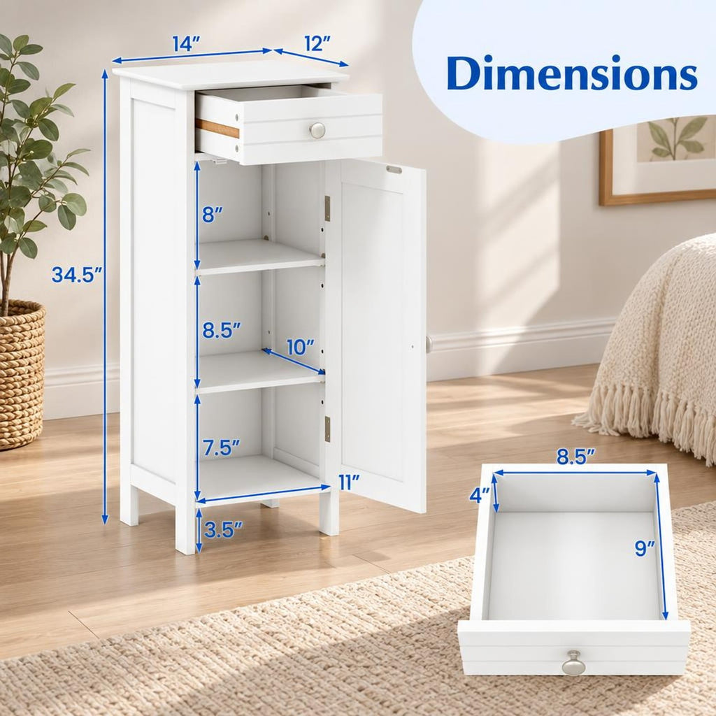 Airfind Wooden Storage Free-Standing Floor Cabinet with Drawer and Shelf, 132 lbs Capacity, MDF Frame, 14in x 12in x 34.5in Footprint, White