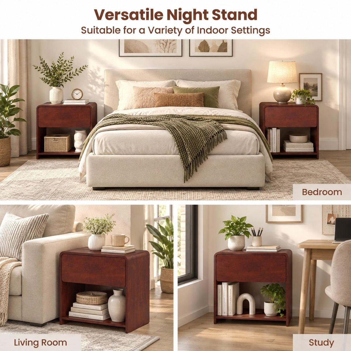 Airfind 2-Tier Modern Style Nightstand with Drawer and Open Shelf for Bedroom, in Total 77 lbs Capacity, Metal Engineered Wood Frame, Walnut