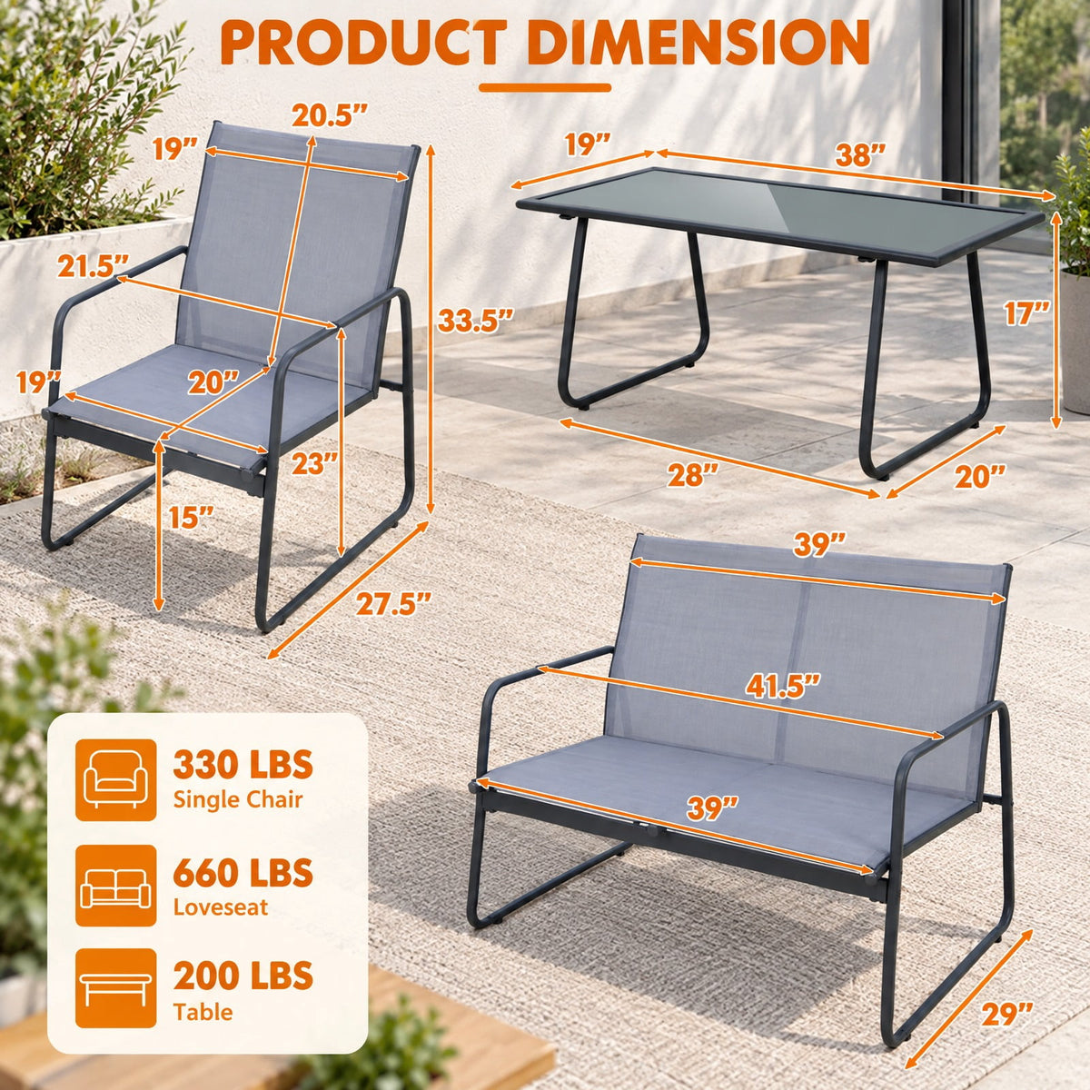 Airfind 4 Pieces of Metal Patio Furniture Chat Set with Tempered Glass Coffee Table, 660 lbs Capacity, Steel fabric Frame, 38 x 19 x 17 Footprint